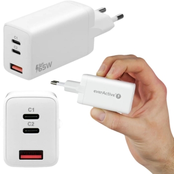 ŁADOWARKA SIECIOWA everActive GaN SC-650Q 65W 2xUSB-C 1xUSB-A PD PPS QC4+