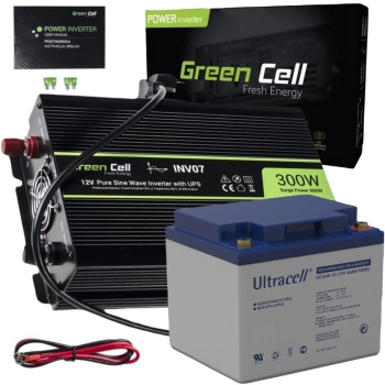 ZESTAW PRZETWORNICA Green Cell 12V->230V 300W/600W CZYSTY SINUS + AKUMULATOR AGM 12V 45Ah