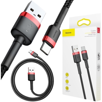 KABEL USB-A -> USB-C Baseus Cafule CATKLF-A91 50cm 3A QC 3.0 CZARNO-CZERWONY W OPLOCIE