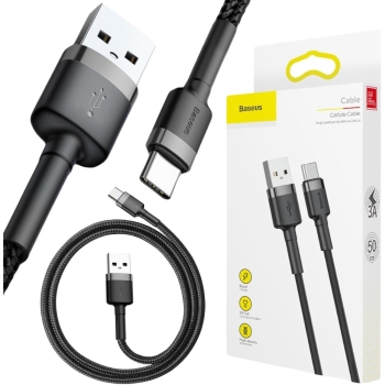 KABEL USB-A -> USB-C Baseus Cafule CATKLF-AG1 50cm 3A QC 3.0 CZARNO-SZARY W NYLONOWYM OPLOCIE