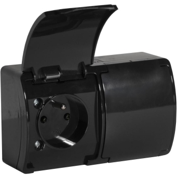 Gniazdo natynkowe podwójne z uziemieniem, z klapką VIPLAST KOALA CZARNE IP44 162-05