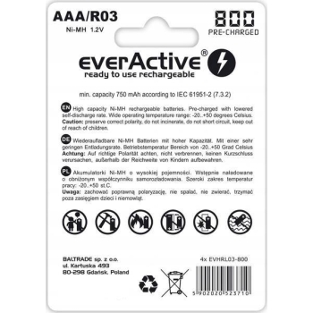 Akumulatorki AAA / R03 Ni-MH everActive 800mAh Silver Line (box 4 szt.)
