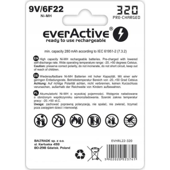 Akumulatorek 6F22 Ni-MH everActive 9V 320mAh Professional Line (1 szt.)