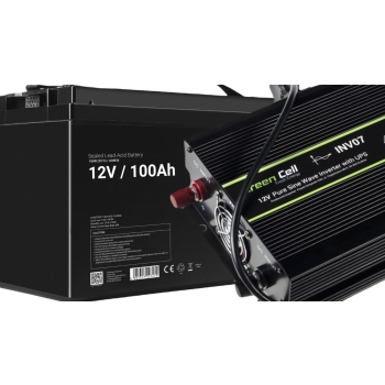 ZESTAW PRZETWORNICA Green Cell 12V->230V 300W/600W CZYSTY SINUS + AKUMULATOR AGM GreenCell 12V 100Ah