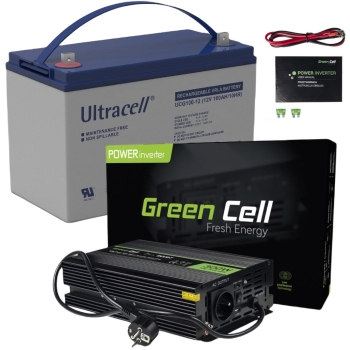 ZESTAW PRZETWORNICA Green Cell 12V->230V 300W/600W CZYSTY SINUS + AKUMULATOR AGM ULTRACELL 12V 100Ah