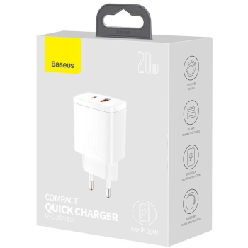 ŁADOWARKA SIECIOWA Baseus Compact Quick Charger CCXJ-B02 20W 1x USB-A 1x USB-C PD 3.0 QC 3.0 BIAŁA